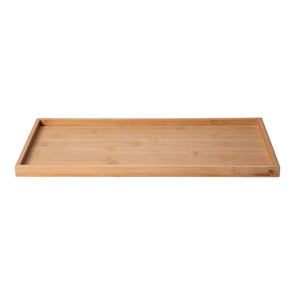 A Rosseto rectangular bamboo display shelf with a wood surface.