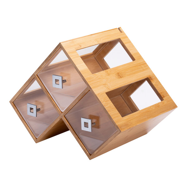 A Rosseto bamboo bakery display case with three drawers and glass shelves.