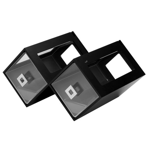 A pair of black cube-shaped bakery display cases with clear windows.