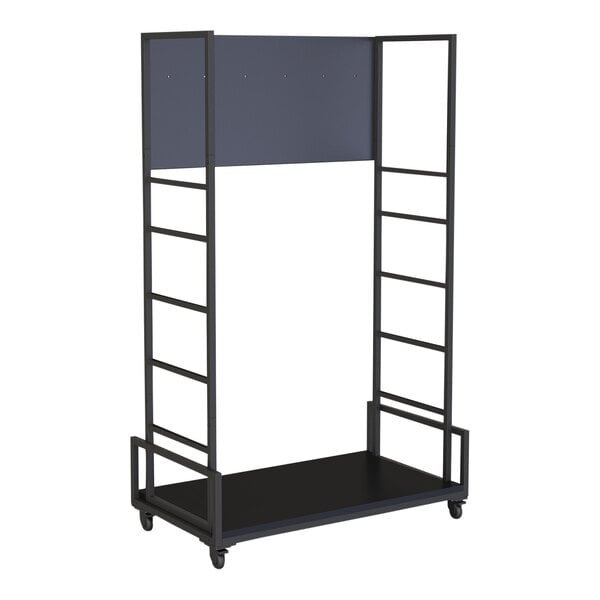 A black metal display cart frame with shelves on wheels.