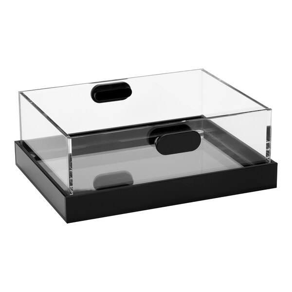 A clear acrylic box with a black tray inside.