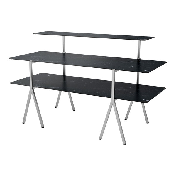 A black and silver Rosseto bakery display table with three shelves.