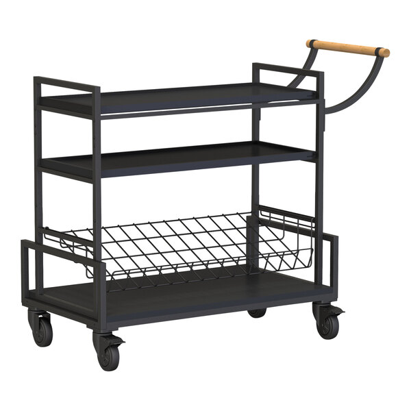 A black metal Rosseto serving cart with bamboo and wire shelves.