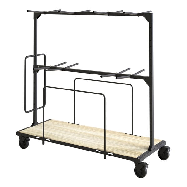 A black metal and wood Rosseto Modulite mobile storage cart with two shelves.