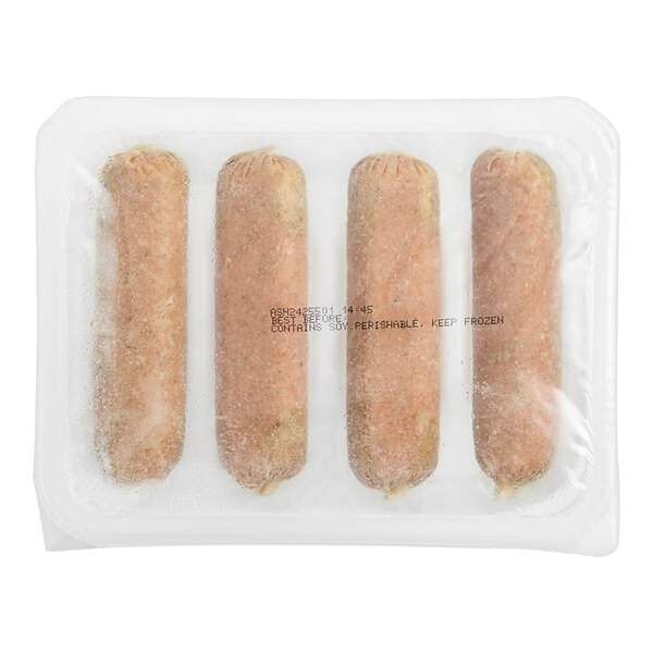 A package of Impossible Foods Plant-Based Vegan Bratwurst Sausages in plastic.