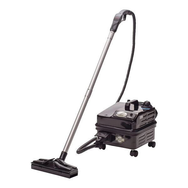 A Sanitaire commercial steam cleaner with a black handle and hose and white logo on the front.