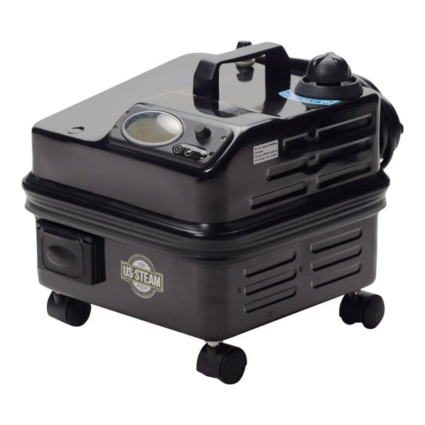 A black SANITAIRE US STEAM commercial steam cleaner with wheels and a logo on it.
