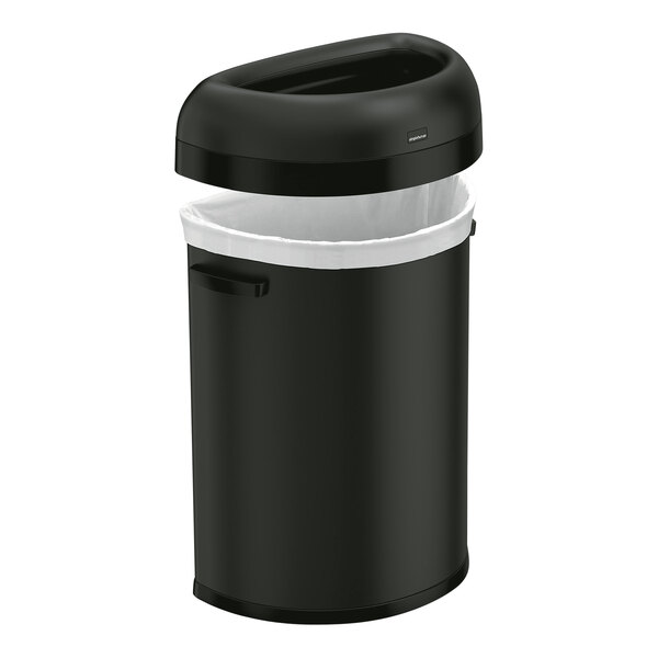 A simplehuman matte black semi-round open top trash can with a white bag inside.
