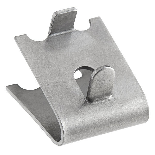 A stainless steel clip with a hole in it.