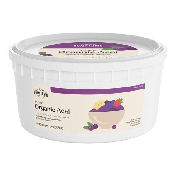 A 1-gallon tub of Hometown Provisions Organic Acai Sorbet.