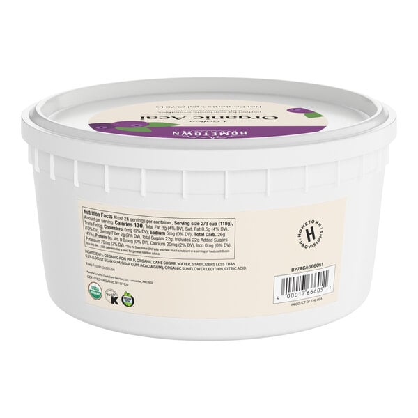A 1-gallon tub of Hometown Provisions Organic Acai Sorbet.