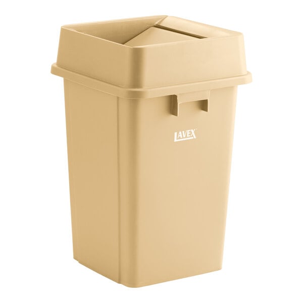 A beige Lavex plastic trash can with the lid open.