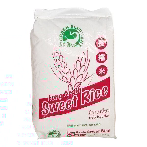 A white bag of Green Elephant Long Grain Sweet Thai Rice with red text and a logo.
