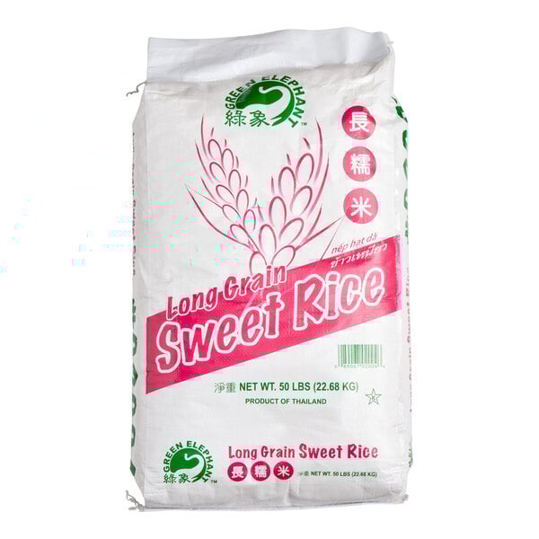 A 50-pound bag of Green Elephant Long Grain Sweet Thai Rice.