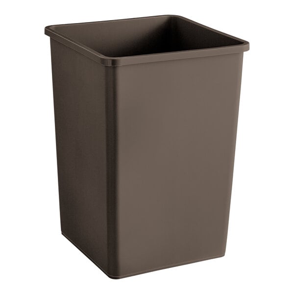 A brown square Lavex plastic trash can with a lid.