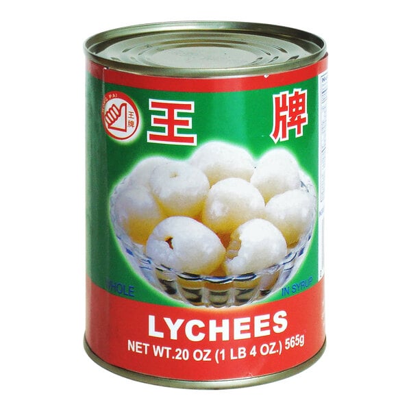 A can of Wong Pai Whole Lychees in Syrup with Chinese writing on it.