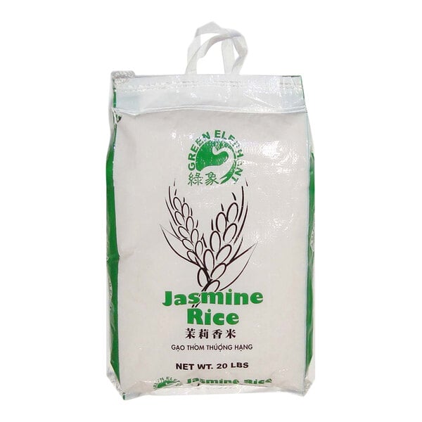 A white bag of Green Elephant Jasmine Rice with green text and a logo.
