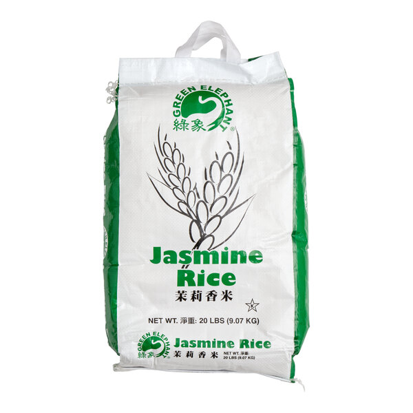 A 20-pound bag of Green Elephant Jasmine Rice.