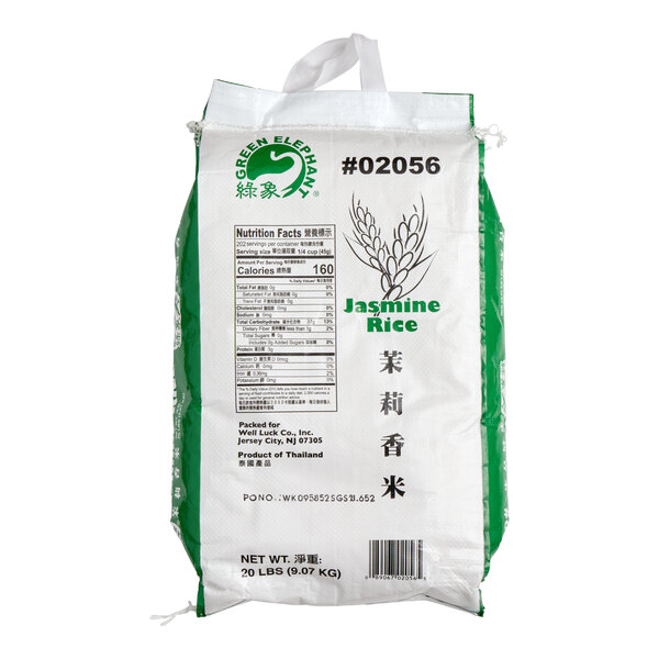 A 20-pound bag of Green Elephant Jasmine Rice.