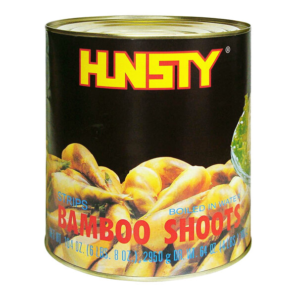 A can of HUNSTY bamboo shoot strips with a label.