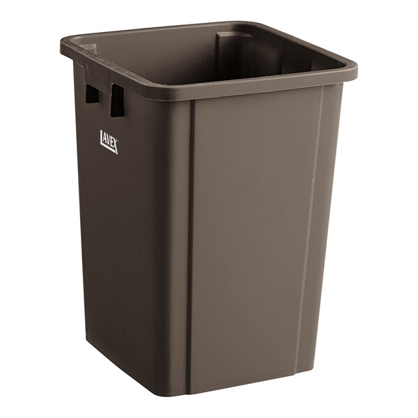 A brown square Lavex 19-gallon plastic trash can.
