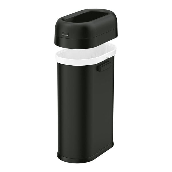 A matte black simplehuman slim oval open top trash can.