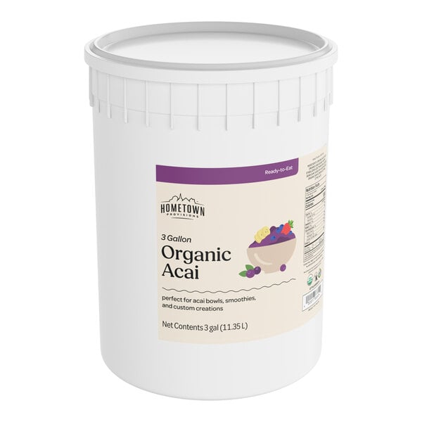 A 3-gallon container of Hometown Provisions Organic Acai Sorbet.