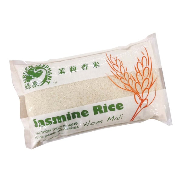 A white bag of Green Elephant Jasmine Rice.