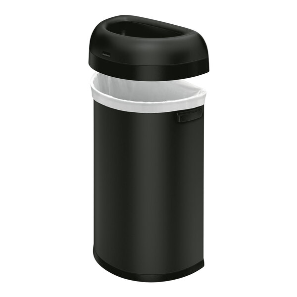 A simplehuman matte black semi-round open top trash can with a white bag in it.