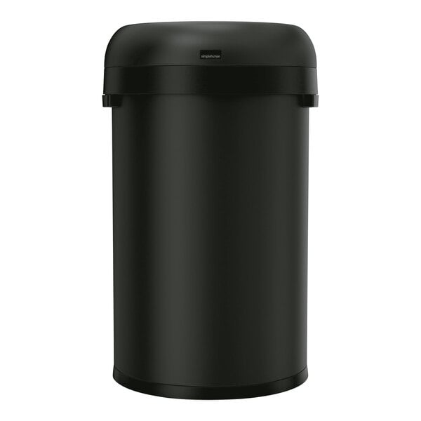 A simplehuman matte black semi-round open top trash can.