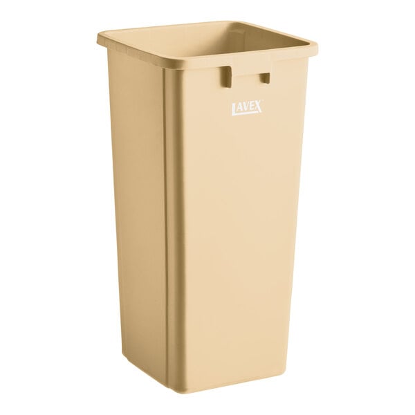 A beige square 23-gallon trash can.