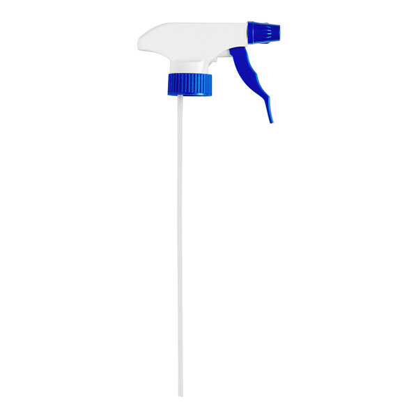 A blue and white Lavex spray bottle trigger.