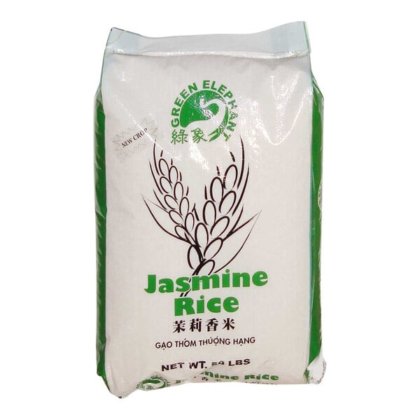 A white bag of Green Elephant Jasmine Rice with green text.