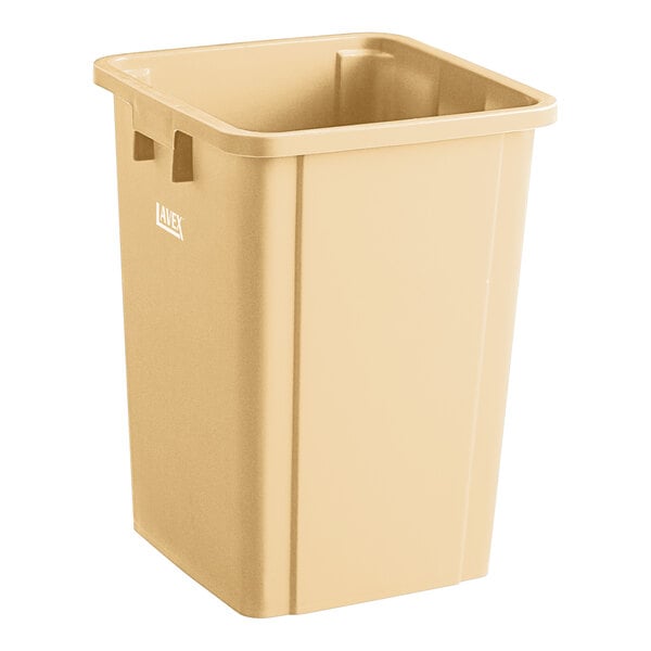 A beige Lavex plastic trash can with a lid.