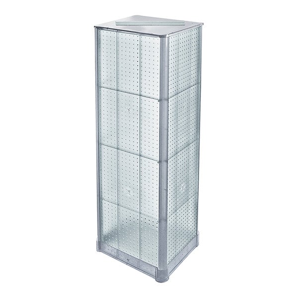 A clear rectangular Azar Displays pegboard spinner floor display.