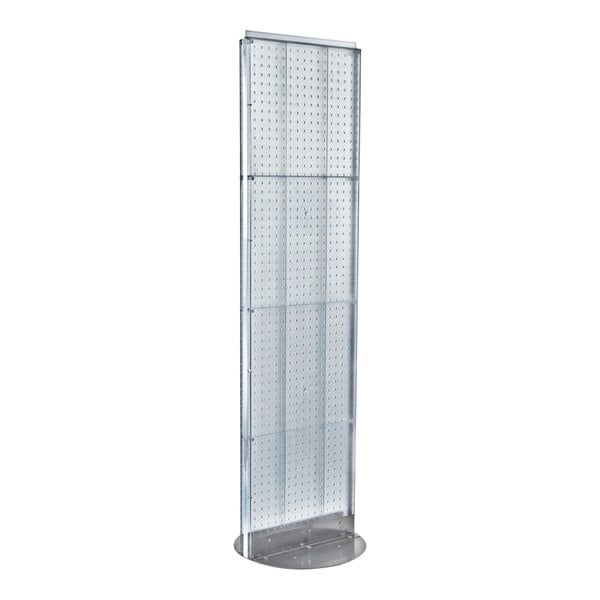 An Azar Displays clear high-impact styrene 2-sided pegboard spinner floor display rack.
