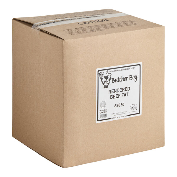A box of Butcher Boy Beef Tallow with a label on it.