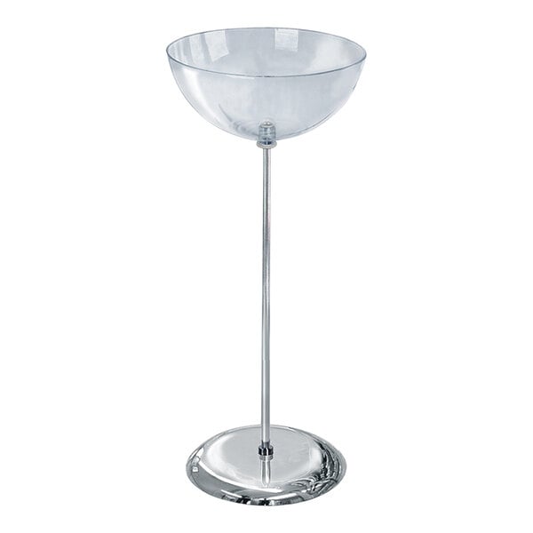 An Azar Displays clear polycarbonate bowl on a silver stand.