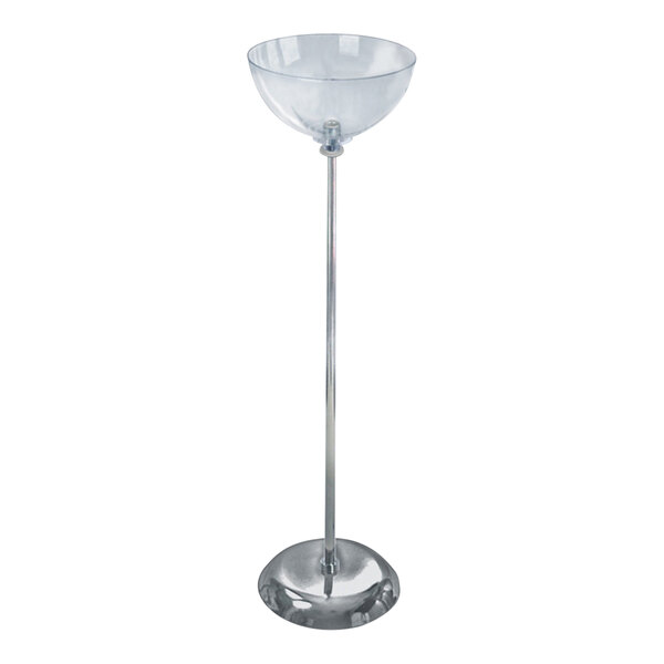An Azar Displays clear polycarbonate bowl on a metal stand.