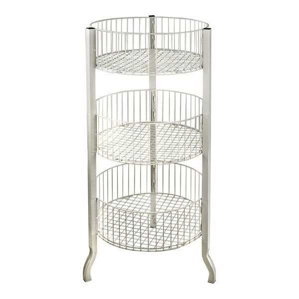 An Azar Displays white wire three tier round basket display shelf.
