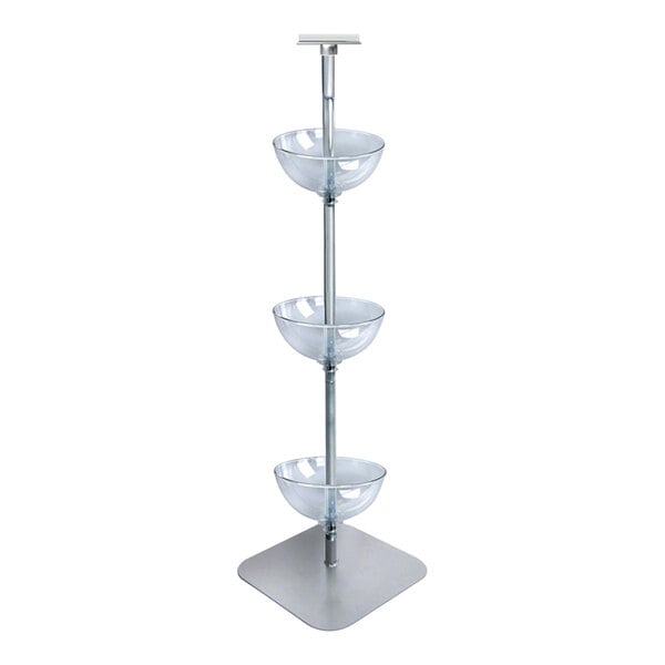 An Azar Displays clear polycarbonate bowl stand with metal poles holding three bowls.