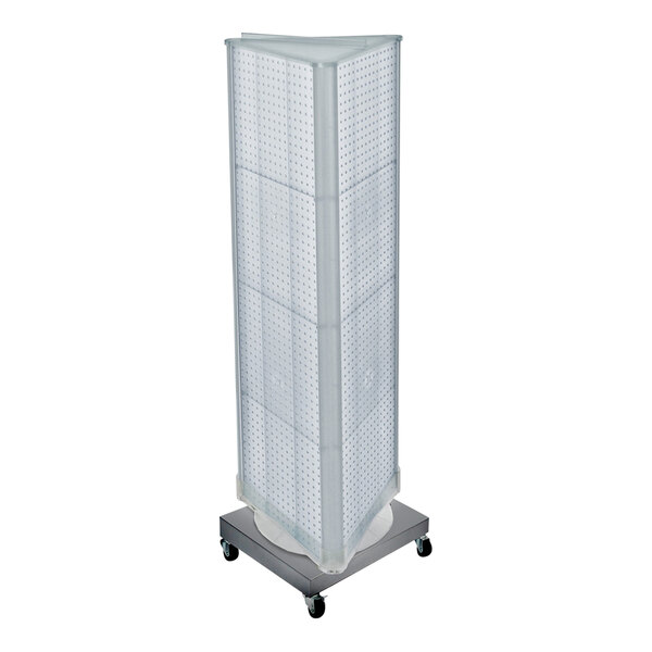 An Azar Displays clear high-impact styrene 3-sided pegboard mobile spinner floor display on wheels.