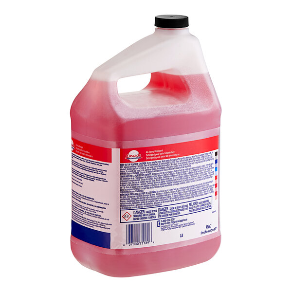A close-up of a 1 gallon jug of red liquid with a label for Cascade Professional Closed Loop All-Temp Liquid Dish Washing Machine Detergent.