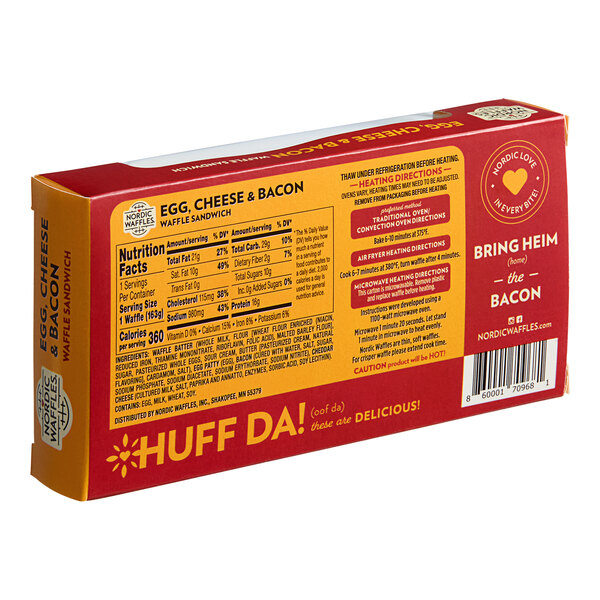 A red and yellow box of Nordic Waffles Bacon Egg and Cheese Waffle Sandwiches with text and images.