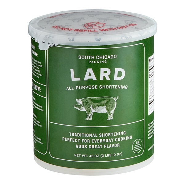 A South Chicago Packing lard can in a green and white container.