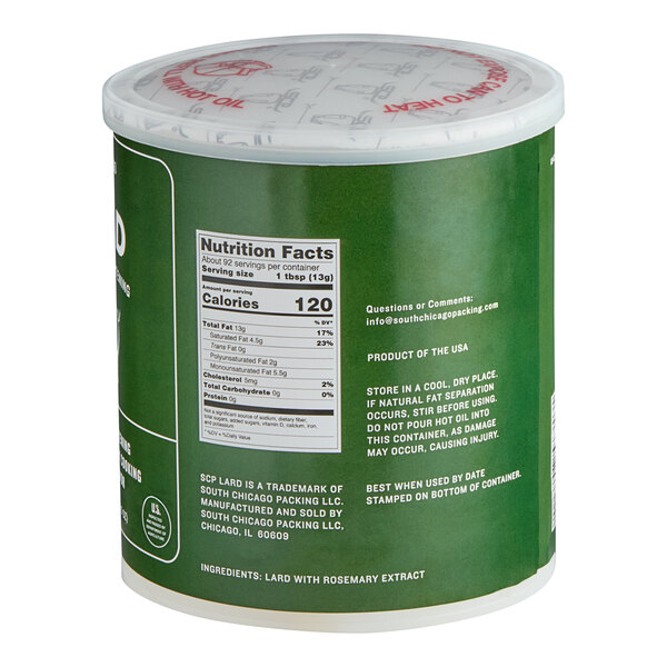 A green South Chicago Packing lard container with white and red text and a label.