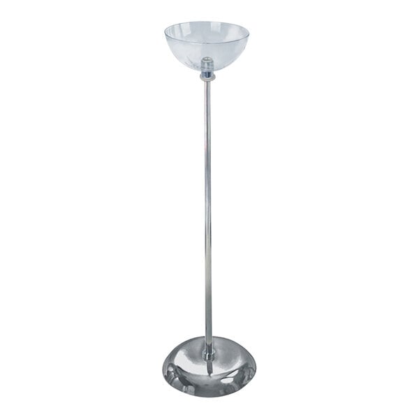 An Azar Displays clear polycarbonate bowl on a metal stand.