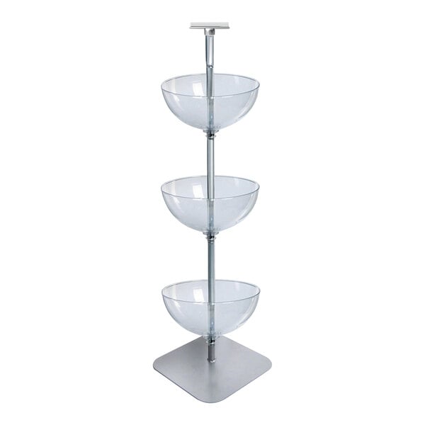 An Azar Displays clear polycarbonate three-tier bowl stand with metal poles.