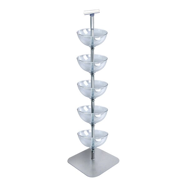 An Azar Displays clear polycarbonate bowl floor display with a metal pole holding 5 clear bowls.