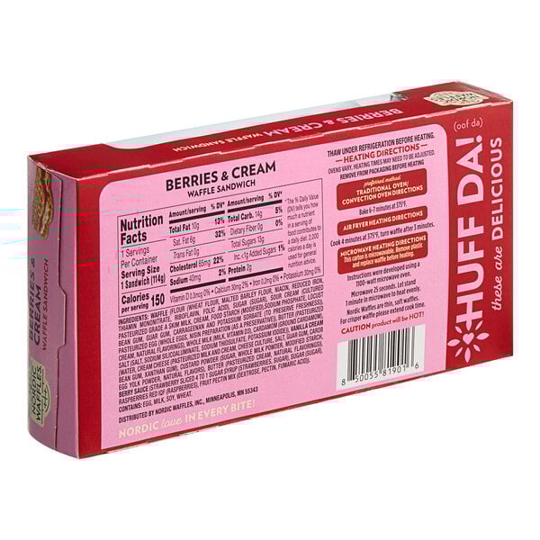 A white and red Nordic Waffles box with text and images of raspberries and cream.
